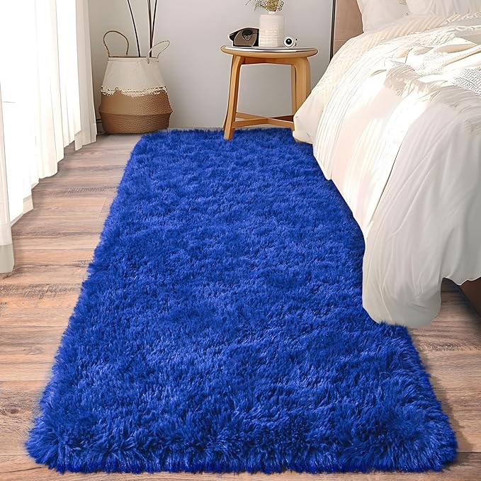 Soft Runner Rugs for Bedroom Hallways, 2 Packs 2x6 Royal Blue Fluffy Shag Throw Area Rug Non Slip for Bedside Dorm, Long Shaggy Furry Carpet for Nursery Living Room