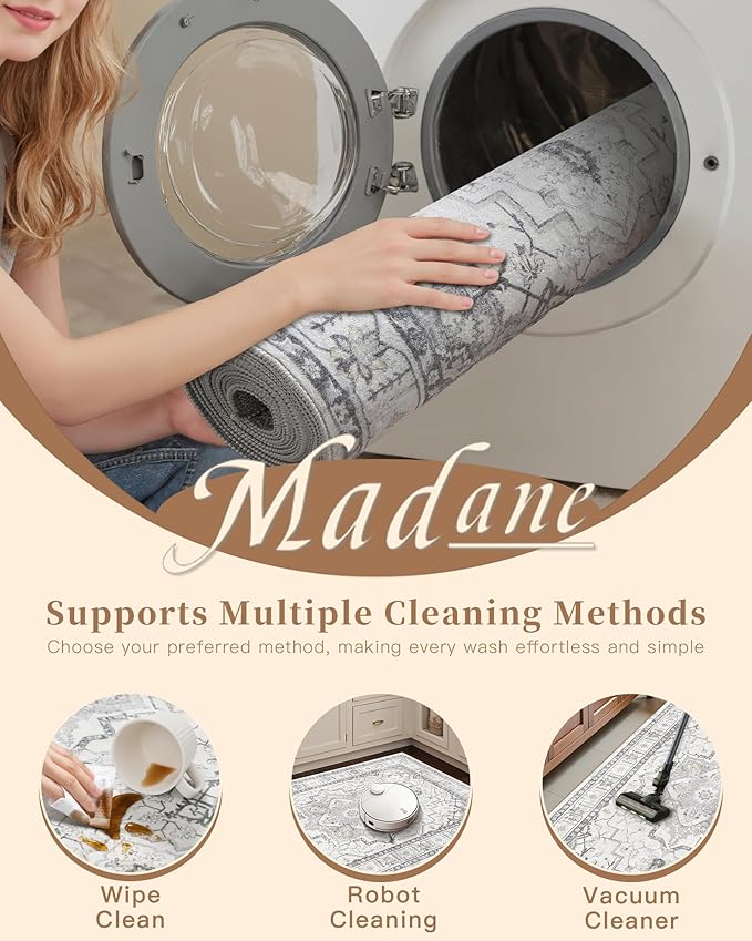 Madane Hallway Runner Rug - 2x5 Rug Runner Washable Runner Rugs Non-Slip Low-Pile Kitchen Runner Rug Laundry Room Rug Throw Carpet for Entrance Bedroom Living Room (2'x5', Grey)