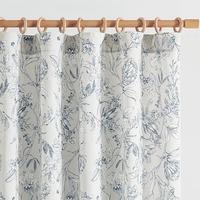 jinchan Floral Curtains 108 Inch Length Blue Flower Linen Farmhouse Curtain for Living Room French Country Vintage Curtain Rod Pocket Curtains Set 2 Panels Blue Floral Printed