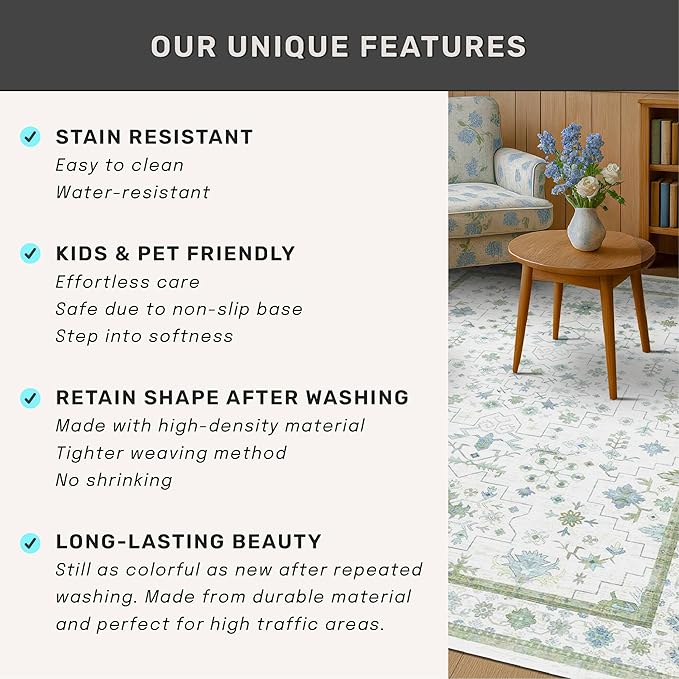 Hazo Haus Washable Oushak 2x8 Bathroom Runner Rug - Vintage Turkish Floral 8ft Long Low Pile Non Slip Runners for Kitchen, Hallway - Cream Blue and Green