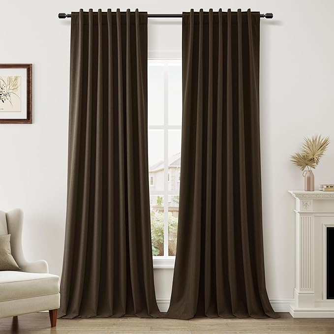 Guken 100% Blackout Curtains 90 Inch Length 2 Panels Set for Living Room Bedroom Back Tab Thermal Insulated Black Out Linen Drapes Room Darkening Chocolate,52x90