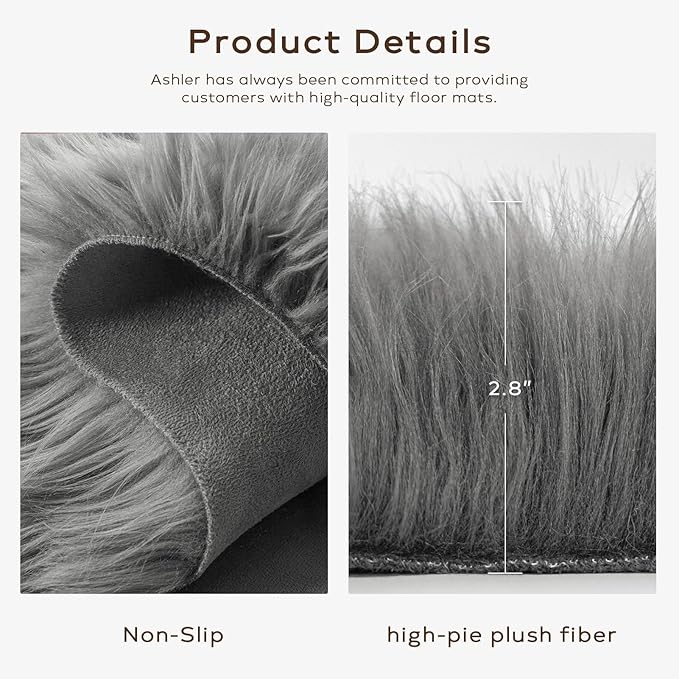 Ashler Faux Fur Area Rug - Ultra Soft Fluffy Shaggy Sheepskin 3 x 5 Feet, Dark Grey, Machine Washable - Nursery Decor Throw for Bedroom, Living Room, Kids Room