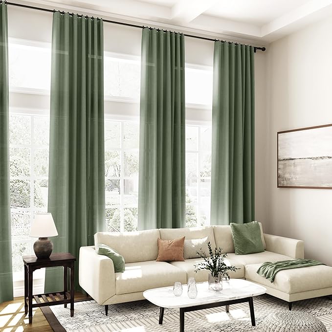 136 Inch Extra Long Curtain for Floor to Ceiling High Window Olive Green Linen Back Tab Curtains for Living Room Filtered and Breathable Semi Sheer Drapes Modern Farmhouse Boho Decor 52x136,2PCS