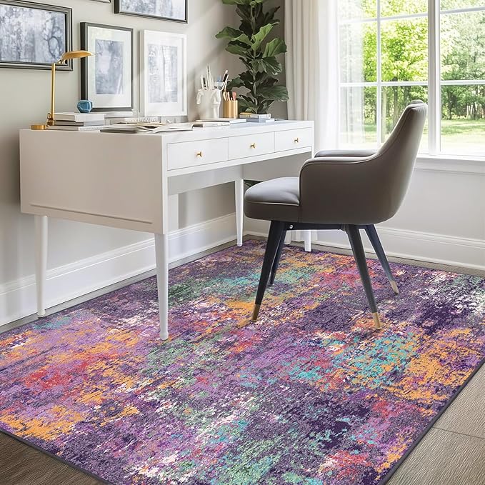 Washable Area Rugs 6'x9' Non-Slip Modern Abstract Soft for Living Room Entryway Bedroom Nursery, Print Pattern, Purple Orange Blue Green Rust Red Colorful