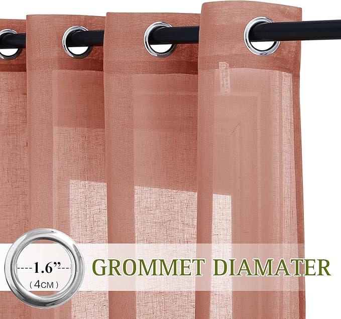 NICETOWN Linen Textured Semi Sheer Curtains for Large Windows, Ring Top Privacy with Light Filtering Flax Sheer Drapes for Bedroom/Living Room, Terracotta=Burnt Orange, W52 x L108, Set of 2
