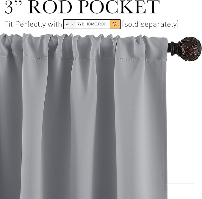 RYB HOME Blackout Curtains for Bedroom Living Room 63 inches Long, Thermal Insulated Privacy Rod Pocket Drapes for Nursery Office Home Theater, Width 42 by Length 63, Silver Grey, 2 Panels