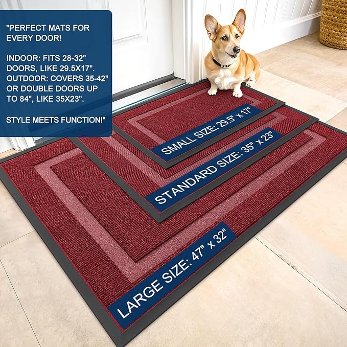 OLANLY Front Door Mat Indoor Outdoor Entrance, Waterproof All-Season, All-Weather Doormat, Sturdy Natural Rubber, Fade Resistant, Low Profile, Easy Clean Patio Porch Entryway Mat, 59x40, Wine Red