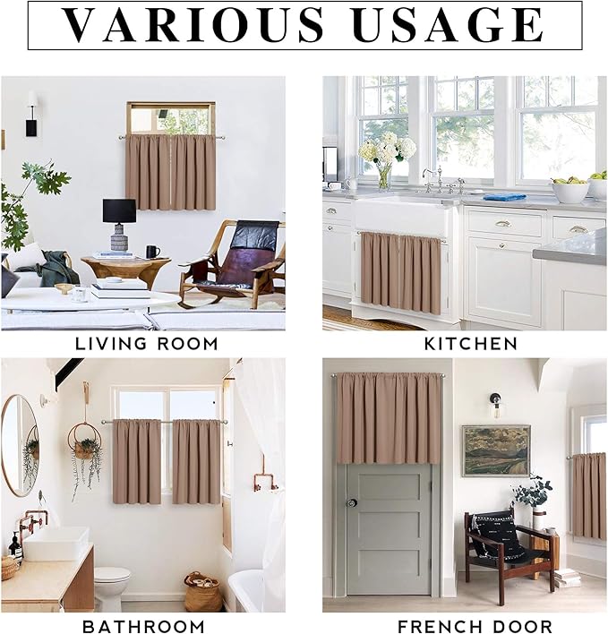 RYB HOME Half Curtain Tiers 36 inch Length, Rod Pocket Summer Heat Blocking Thermal Insulated Short Blackout Curtains for Small Window, Width 34 by Length 36, Mocha, 2 Panels