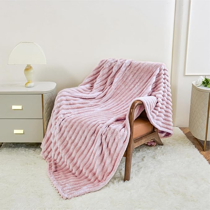 Aganear Fluffy Throw Blanket for Couch,3D Ribbed Jacquard Warm Fuzzy Blanket for Couch, Home Decor for Lightweight Cozy Soft Throw for All Seasons(Pink,50"×60")