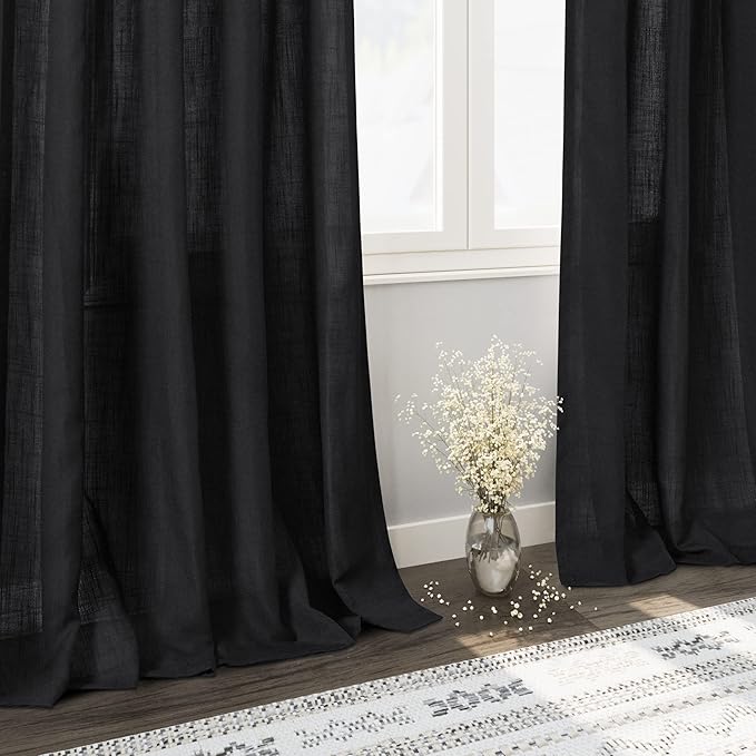 Black Linen Curtains 90 inches Long for Bedroom Back Tab Light Filtering Privacy Sheer Black Curtains Modern Farmhouse Coastal Decor Black Cotton Textured Gauze Curtain 2 Panel Set 38x90