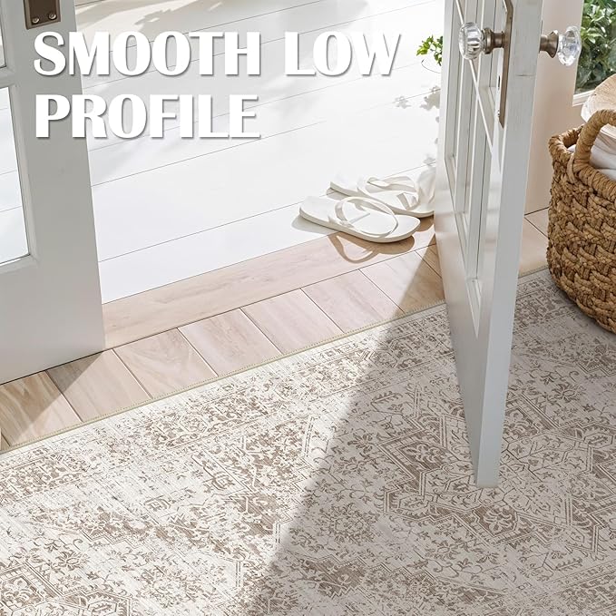 3x8 Washable Hallway Runner Rug - Non Slip Kitchen Runner Rugs with Rubber Backing Vintage Low-Pile Carpet Runners for Entryway Dining Room Laundry Room Home Decor (Cream/Camel)