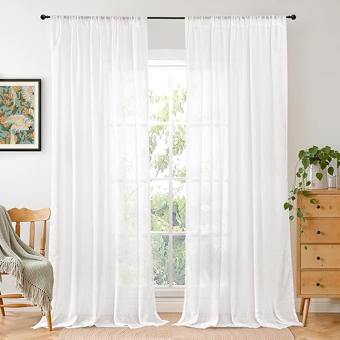 BGment White Linen Semi Sheer Curtains for Living Room 80 Inch Length - Rod Pocket Light Filtering Window Drapes Natural Textured for Bedroom Dining Lightweight Rustic, 2 Panels Set, 52 X 80 Inch