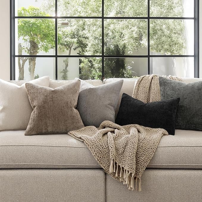 MIULEE Pack of 2 Couch Throw Pillow Covers 22x22 Inch Neutral Khaki Modern Boho Accent Decorative Pillow Covers Soft Chenille Farmhouse Cushion Covers for Home Decor Bed Sofa Living Room