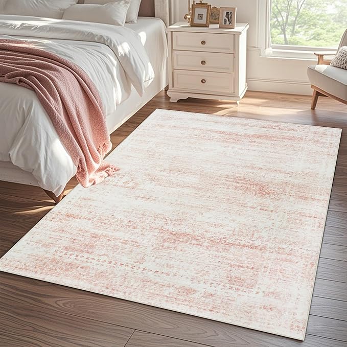 Srugn Washable Rugs 8x10 Area Rugs for Living Room,Rugs for Bedroom,Large Carpets,Ultra Soft Faux Wool Retro Dining Room Rug,Non Slip&Non-Shedding Low Pile Vintage Print Rug for Home Office-Pink White