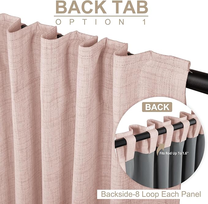 100% Blackout Shield Light Pink Linen Blackout Curtains for Bedroom 90 Inches Long, Back Tab/Rod Pocket Living Room Drapes, Thermal Insulated Blackout Curtains 2 Panels Set, 50" W x 90" L