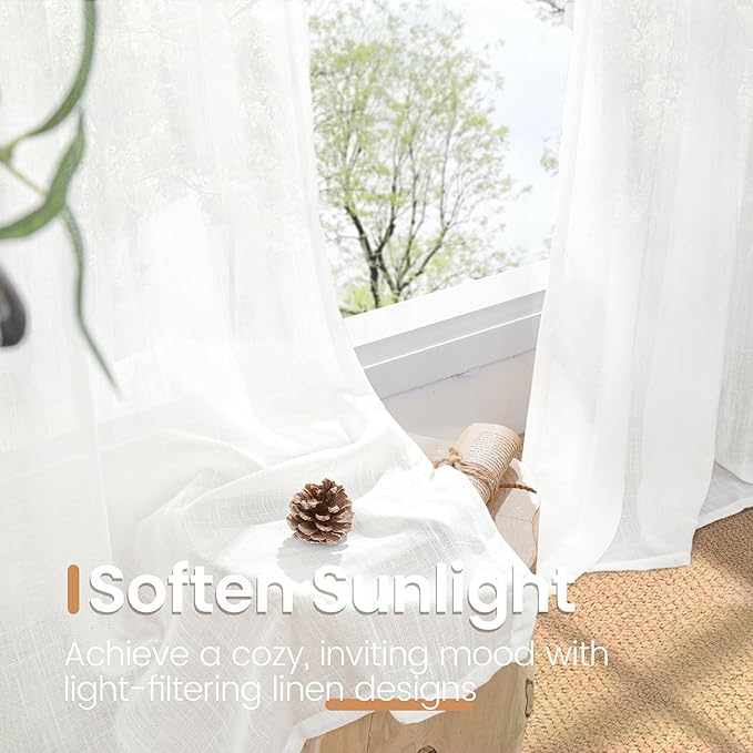 BGment White Linen Semi Sheer Curtains 84 Inch Length for Living Room - Rod Pocket Light Filtering Drapes for Bedroom Dining Long Window Treatments Lightweight, 2 Panels Set, 52 X 84 Inch