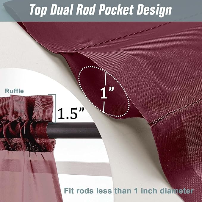 Extra Wide Sheer Curtains 84 Inches Long 2 Panels, Soft Airy Transparent Light Filtering Christmas Curtains for Sliding Glass Door, Top Dual Rod Pocket Design, Burgundy, 2x59Wx84L Inches