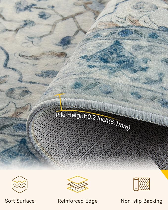 Area Rugs 5'x8' Washable Non-Slip, Floral Vintage Distress Print Pattern Medallion Carpet for Living Room Bedroom Dining Room, Light Blue Navy Beige Gray White