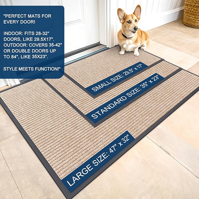 OLANLY Front Door Mat Indoor Outdoor Entrance, 2-Pack 47 x 23 Inch, Waterproof Heavy Duty Doormat, Fade Resistant, Low Profile, Easy Clean Patio Porch Welcome Floor Mats for Entry, Beige