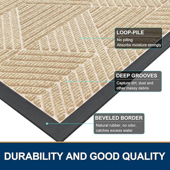 Smiry Front Door Mat Outside Entrance, Heavy Duty Sturdy Natural Rubber Doormat, Trap Dirt and Moisture, Easy Clean Low Profile Welcome Floor Mats for Indoor Outdoor Entry, 35X23 Inch, Beige