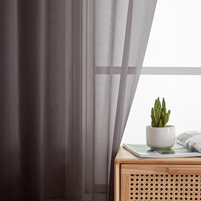 Simplebrand Chocolate Short Sheer Curtains 45 Inch Length for Small Windows, Rod Pocket 2 Panels Set Solid Voile Drapes Window Sheer Curtains for Bedroom Bathroom Kids Room Kitchen, 42x45 Inch, 2pcs