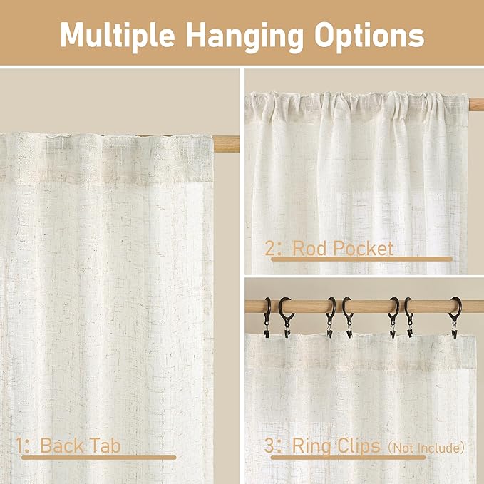 LAMIT 54 Inch Semi Sheer Window Linen Curtains, Light Filtering Panels Back Tab and Rod Pocket Neutral Drapes for Bedroom/Living Room, Cream, 2 Panels, 34 x 54 Inch