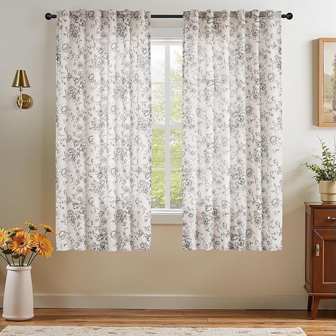 jinchan Linen Blend Curtain Floral Curtains for Living Room 45 Inch Length Black Printed Curtain Rod Pocket Back Tab Farmhouse Peony Flower Patterned Drapes Bedroom Window Curtains Set 2 Panels