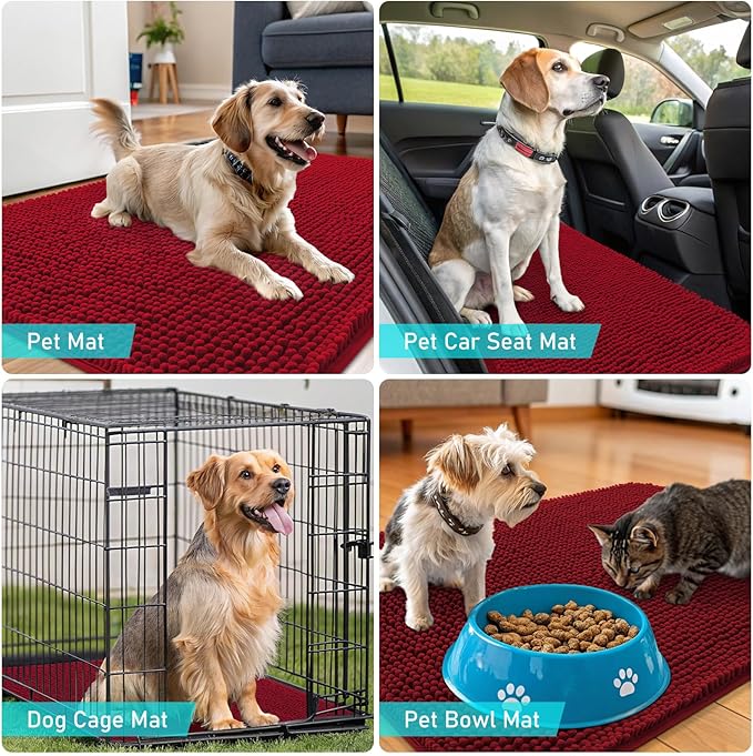 OLANLY Dog Door Mat for Muddy Paws 59x20, Absorbs Moisture and Dirt, Absorbent Non-Slip Washable Doormat, Quick Dry Chenille Mud Mat for Dogs, Entry Indoor Entryway Carpet for Inside Floor, Red