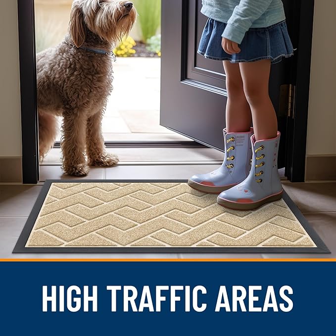 OLANLY Front Door Mat Indoor Outdoor Entrance, Waterproof All-Season, All-Weather Doormat, Sturdy Natural Rubber, Low Profile, Easy Clean Patio Porch Entryway Mat, Herringbone Brick (Beige, 36x24)