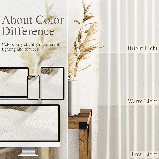 Nanspring Beige White Linen Curtains 96 Inches Long 2 Panels Set for Living Room Bedroom Back Tab Rod Pocket Semi Sheer Light Filtering Drape for Bedroom Home Decor Protect Privacy 52x96
