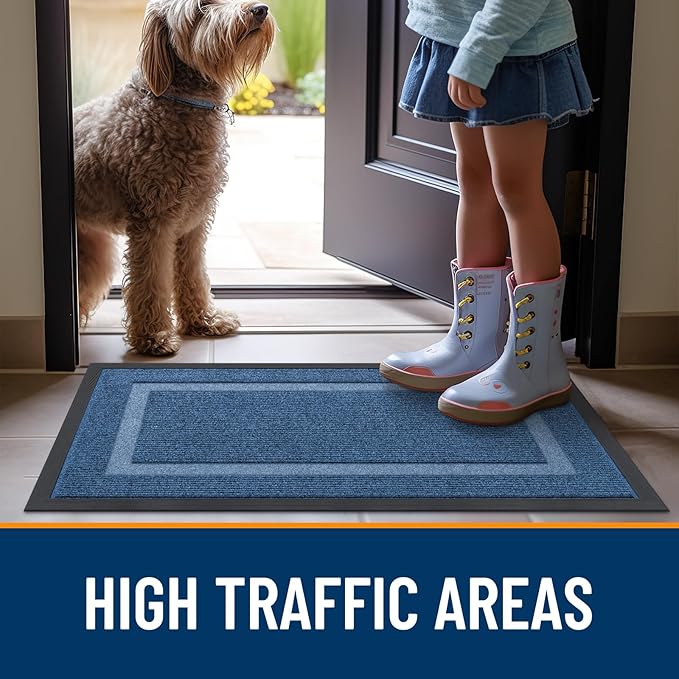 OLANLY Front Door Mat Indoor Outdoor Entrance, Waterproof All-Season, All-Weather Doormat, Sturdy Natural Rubber, Fade Resistant, Low Profile, Easy Clean Patio Porch Entryway Mat, 29.5x17, Light Blue