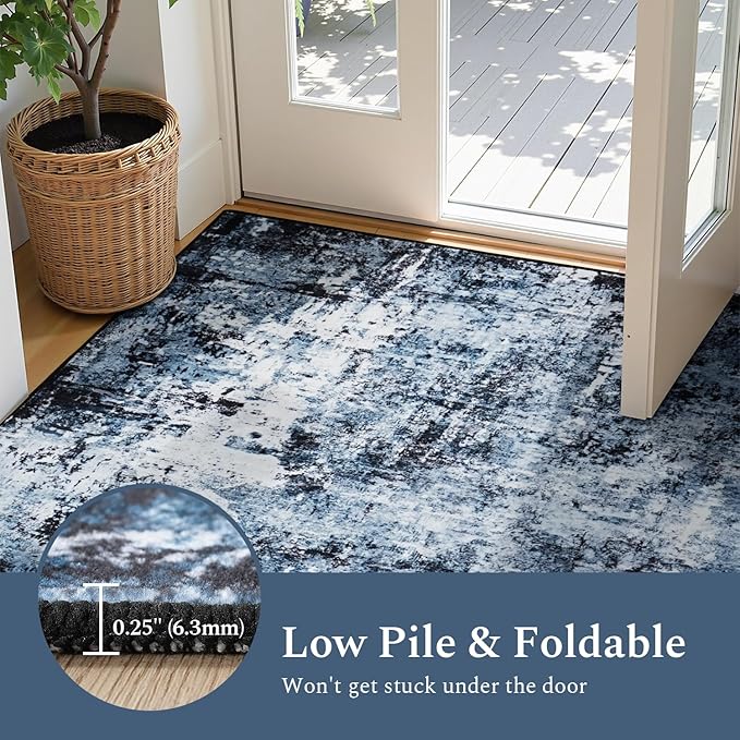 Rugflix 4x6 Area Rug for Living Room, Washable Non-Slip Stain-Resistant Low Pile, Modern Dark Carpet for Dining Room/Home Office/Kid Room/Nursery/Bedroom, Navy Blue/Black
