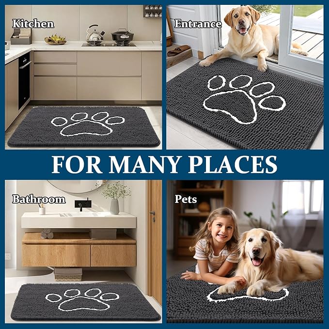 OLANLY Dog Door Mat for Muddy Paws 59x32, Paw Print Design, Absorbs Moisture and Dirt, Absorbent Non-Slip Washable Doormat, Quick Dry Chenille Mud Mat for Dogs, Entry Indoor Entryway Carpet, Dark Grey
