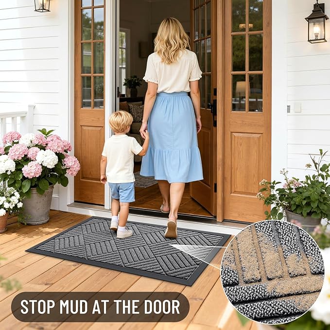 OLANLY Front Door Mat Outside Entrance 29.5x17, Absorbent, Heavy Duty Sturdy Natural Rubber Doormat Indoor Outdoor, Stain and Fade Resistant, Non-Slip Low Profile Floor Mat for Entryway, Grey Diamond