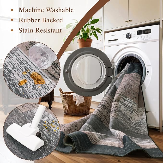 LIANLAM 4x6 Washable Area Rugs for Living Room and Bedroom, Vintage Checkered Pattern Non-Slip Carpet, Stain Resistant Low Pile Soft Rug for Dining Room,Office,Nursery,Kids Room(4x6,Chocolate)