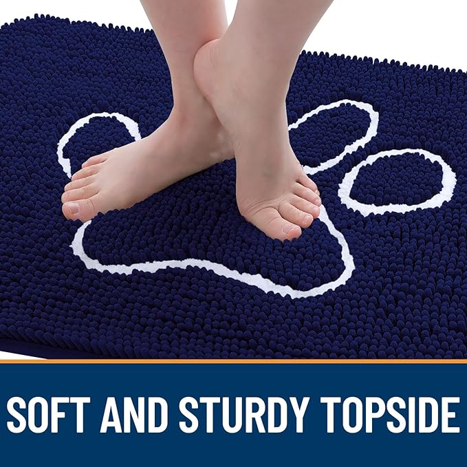 OLANLY Dog Door Mat for Muddy Paws 59x24, Paw Print Design, Absorbs Moisture and Dirt, Absorbent Non-Slip Washable Doormat, Quick Dry Chenille Mud Mat for Dogs, Entry Indoor Entryway Carpet, Navy Blue