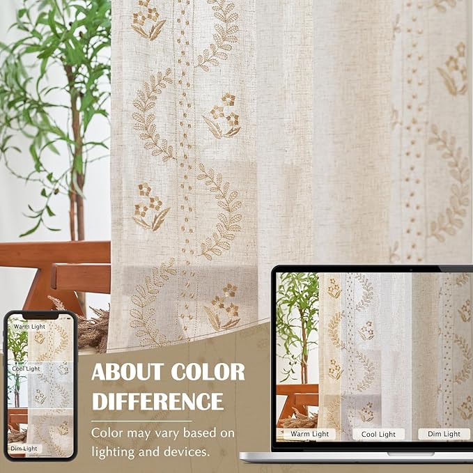 jinchan Belrose Linen Curtains for Bedroom Floral Curtains 84 Inch Length Linen Blend Beige Embroidered Drapes Farmhouse Flower Patterned Drapes for Living Room Window Treatments Set 2 Panels