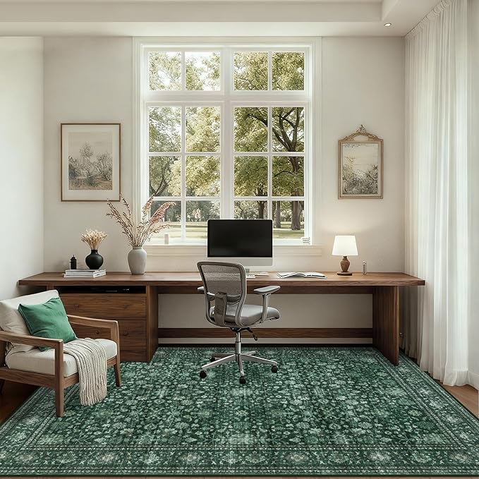 8x10 Area Rugs for Living Room: Washable Rug Soft Vintage Distressed Floral Carpet Indoor Non-Slip Stain Resistant Large Carpets for Bedroom Dining Room Farmhouse Nursery Home Office Deep Green