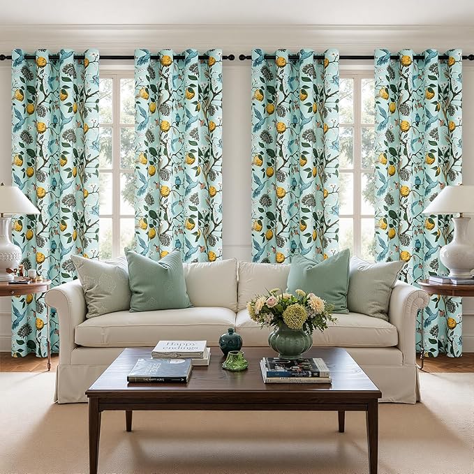 Topfinel 94 Inches Long Custom Floral Curtains Unique Cottagecore Whimsical Vintage Pretty Fun Flower Hummingbird Patterned Double Sided Grommet Print Drapes for Bedroom Living Room Dining Mint Green