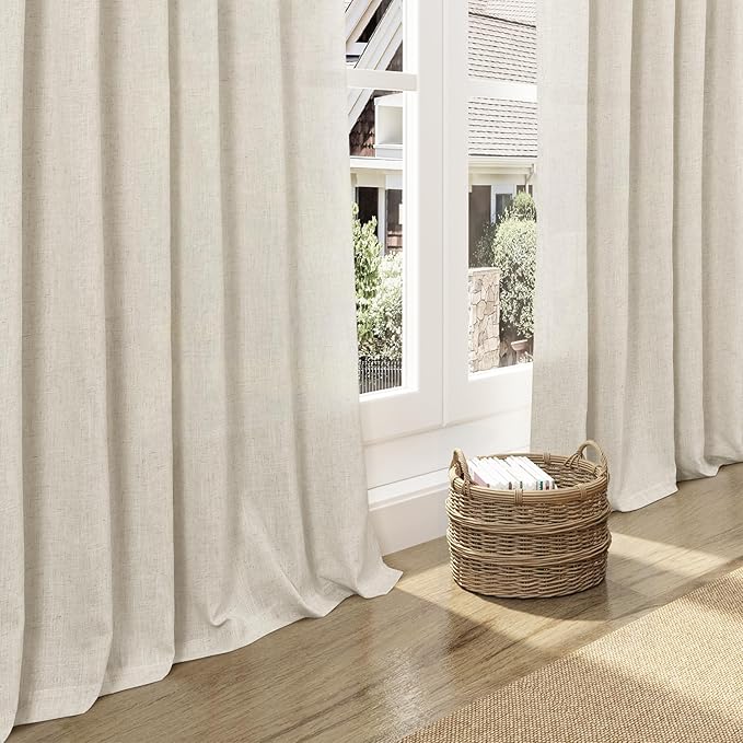 Nanspring Vanilla Curtains 90 Inches Long for Living Room Linen Light Filtering Semi Sheer Curtain Back Tab Rod Pocket Modern Farmhouse Decor Elegant Coastal Drapes for Bedroom 52x90, 2 Panels