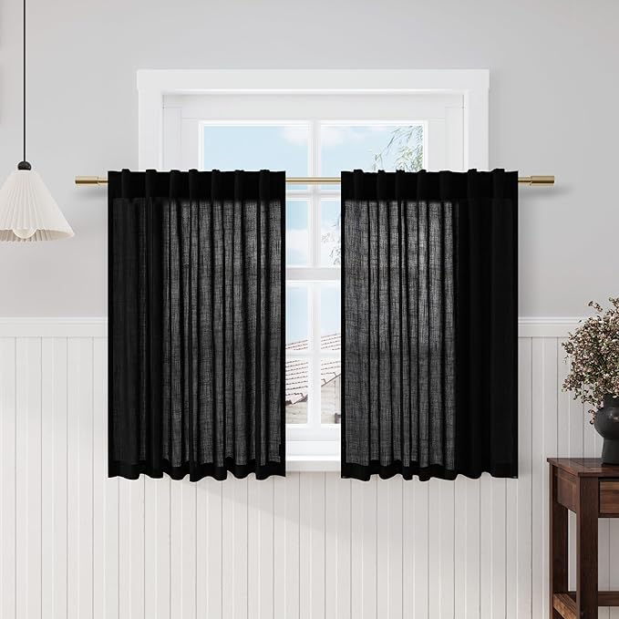 Black Kitchen Cafe Curtains 45 Inch Length 2 Panel Set Back Tab Pocket Semi Sheer Light Filtering Short Curtain Modern Farmhosue Small Curtains for Basement Window Bathroom Living Room 52x45