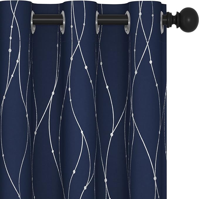 Deconovo Short Kitchen Curtains, Navy Blue Blakcout Curtain 42 x 45 Inch, Thermal Insulated Soundproof Drapes with Silver Wave Dots Prit, Grommet Top, Machine Washable for Nursery Bedroom Living Room