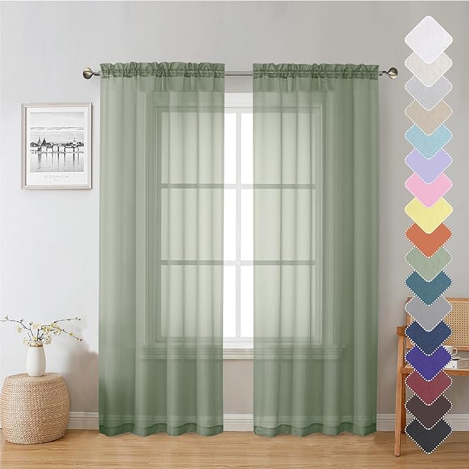 Lecloud Sage Green Sheer Curtains 72 Inches Long 2 Panels Set, Rustic Voile Window Treatments for Bedroom Living Room, Dual Rod Pocket Window Curtain Drapes for Yard/Patio/Villa/Parlor, 40" W x 72" L