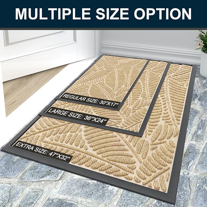 Colorxy Waterproof Doormat, Sturdy Natural Rubber Front Indoor Mat, Non Slip Low Profile Indoor Outdoor Door Mats, Stain and Fade Resistant Floor Mat, Easy Clean Patio Entrance Mat, 71''x23'', Beige