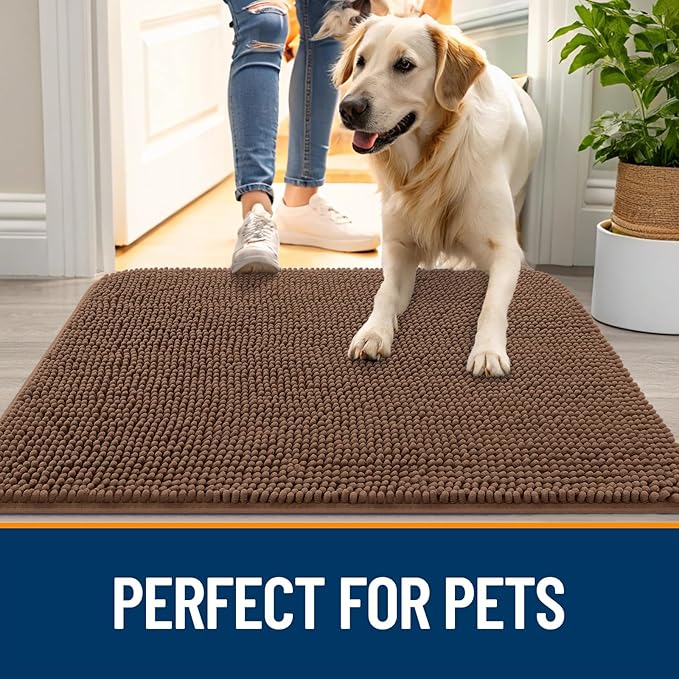 OLANLY Dog Door Mat for Muddy Paws 59x20, Absorbs Moisture and Dirt, Absorbent Non-Slip Washable Doormat, Quick Dry Chenille Mud Mat for Dogs, Entry Indoor Entryway Carpet for Inside Floor, Mocha