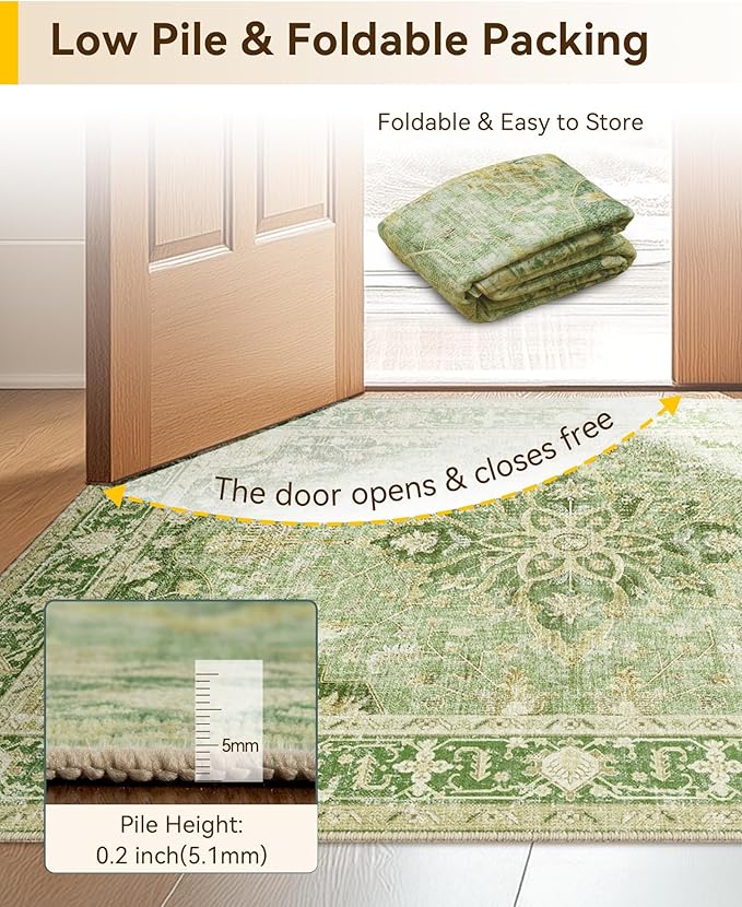 Area Rugs 2'x8' Runner Rug Non Slip Washable for Kitchen Hallway Bedroom Beside Laundry Room Bathroom Rug, Floor Carpet, Sage Green Yellow