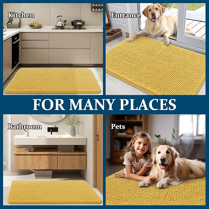 OLANLY Dog Door Mat for Muddy Paws 44x24, Absorbs Moisture and Dirt, Absorbent Non-Slip Washable Doormat, Quick Dry Chenille Mud Mat for Dogs, Entry Indoor Entryway Carpet for Inside Floor, Yellow