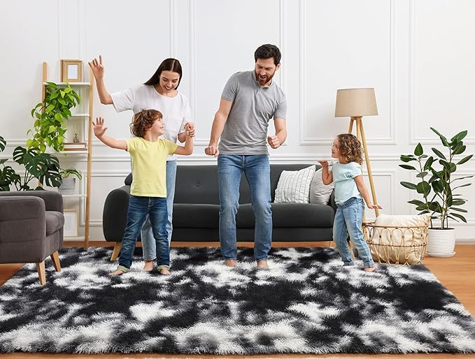 ONASAR Black and White Area Rugs for Living Room, 5x8 Fluffy Bedroom Rug, Soft Plush Shag Floor Carpet for Nursery Kids Girls Boys Teen Baby Dorm Bedside Playroom Indoor Home Decor Aesthetic