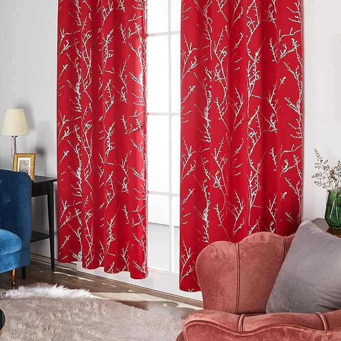 Deconovo Christmas Red Curtains, Blackout Drapes, Soundproof Curtain, Silver Print, 52 x 95 Inch Long, 2 Panels, Machine Washable Window Panel for Living Room Bedroom Festival Party Decoration Kitchen