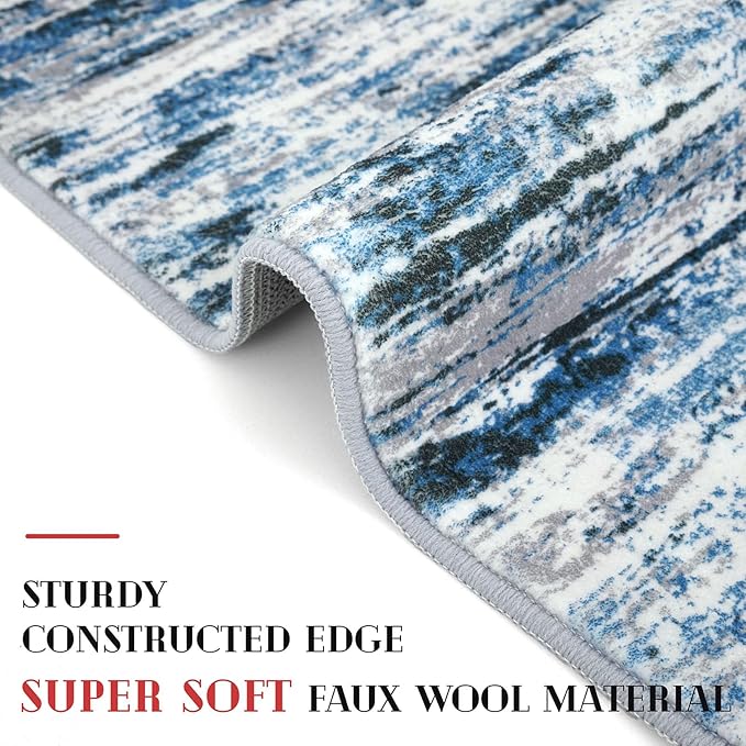 Lansny Modern Abstract 9x12 Large Machine Washable Living Room Rug Non-Slip Soft Bedroom Area Rug Grey Blue White Thin Print Faux Wool Carpet Throw Rugs for Nursery Playroom Dining Room Indoor